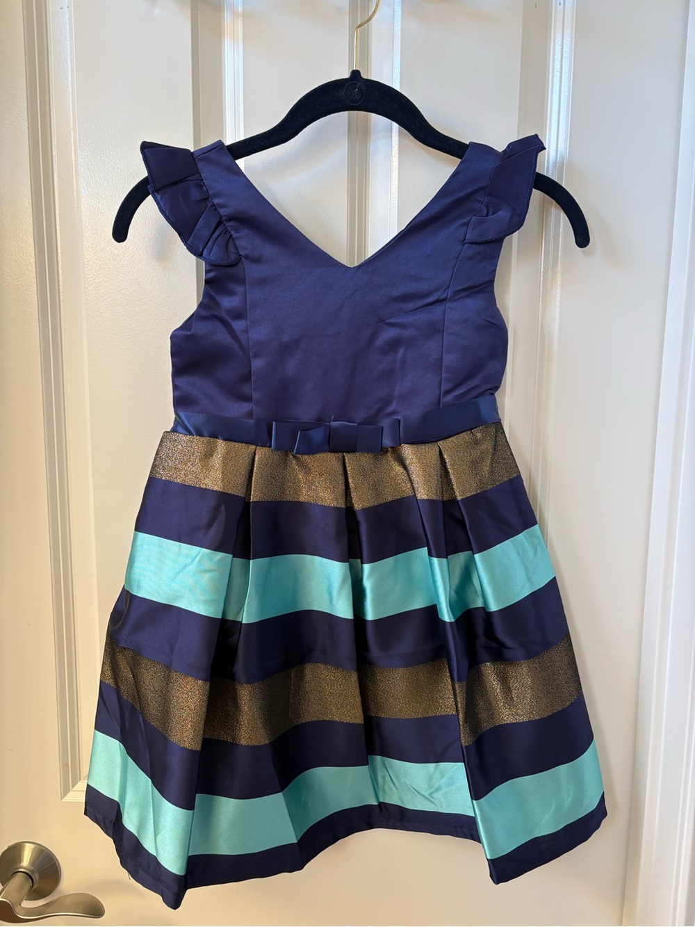 Girls Navy and Aqua Striped Party Dress 4003
